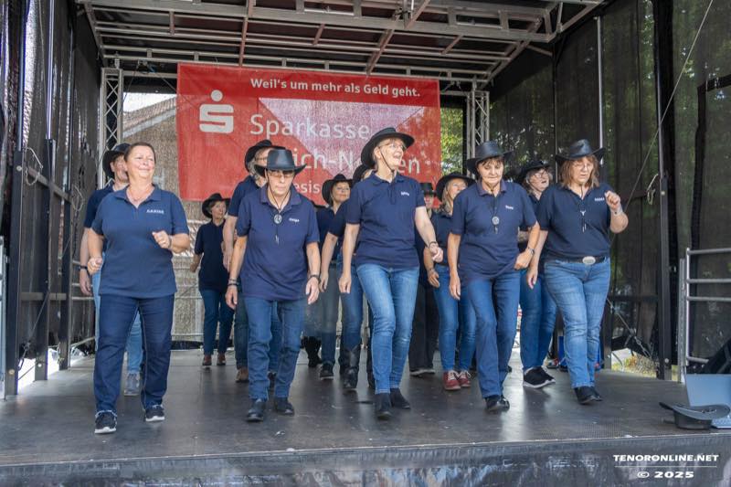 Die East Frisian Linedancer des SV Hage tanzen in blauen Shirts und Cowboyhüten auf der Bühne.